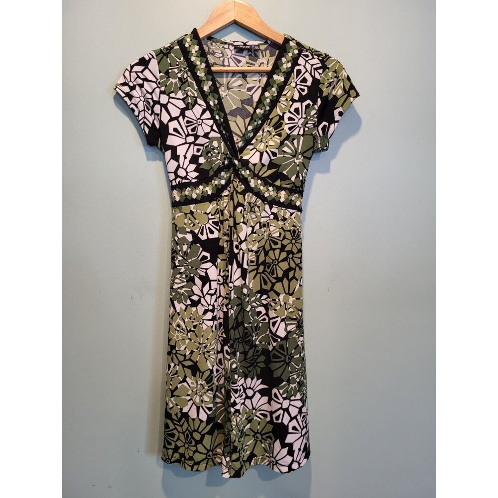 Y2K Green Black Abstract Floral Stretchy Babydoll Empire Waist Dress Sz Sp Retro